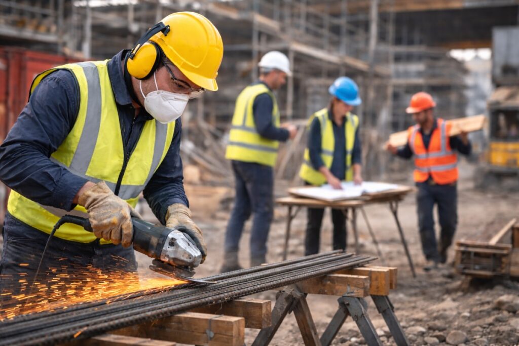cantiere con operaio che utilizza dpi